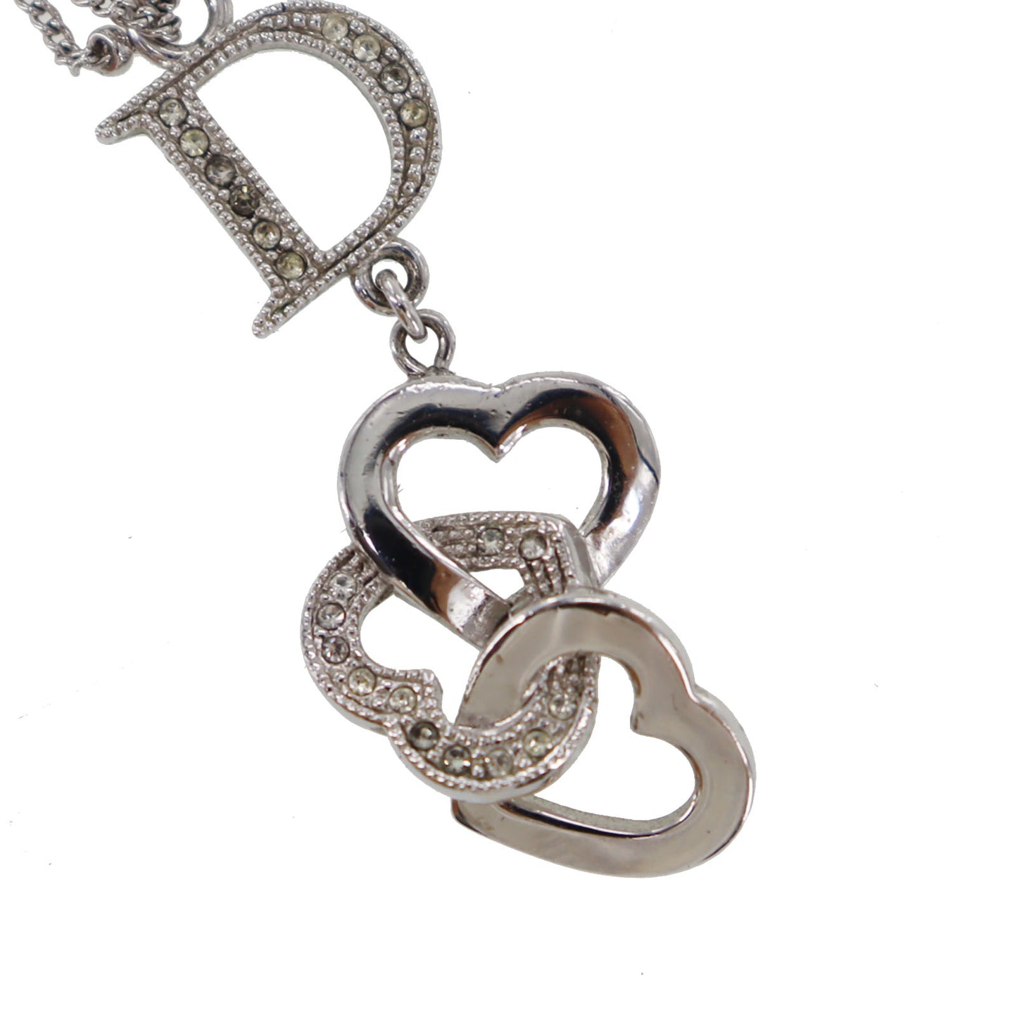 Christian Dior Logo Heart Rhinestone Chain Necklace Silver #CU411