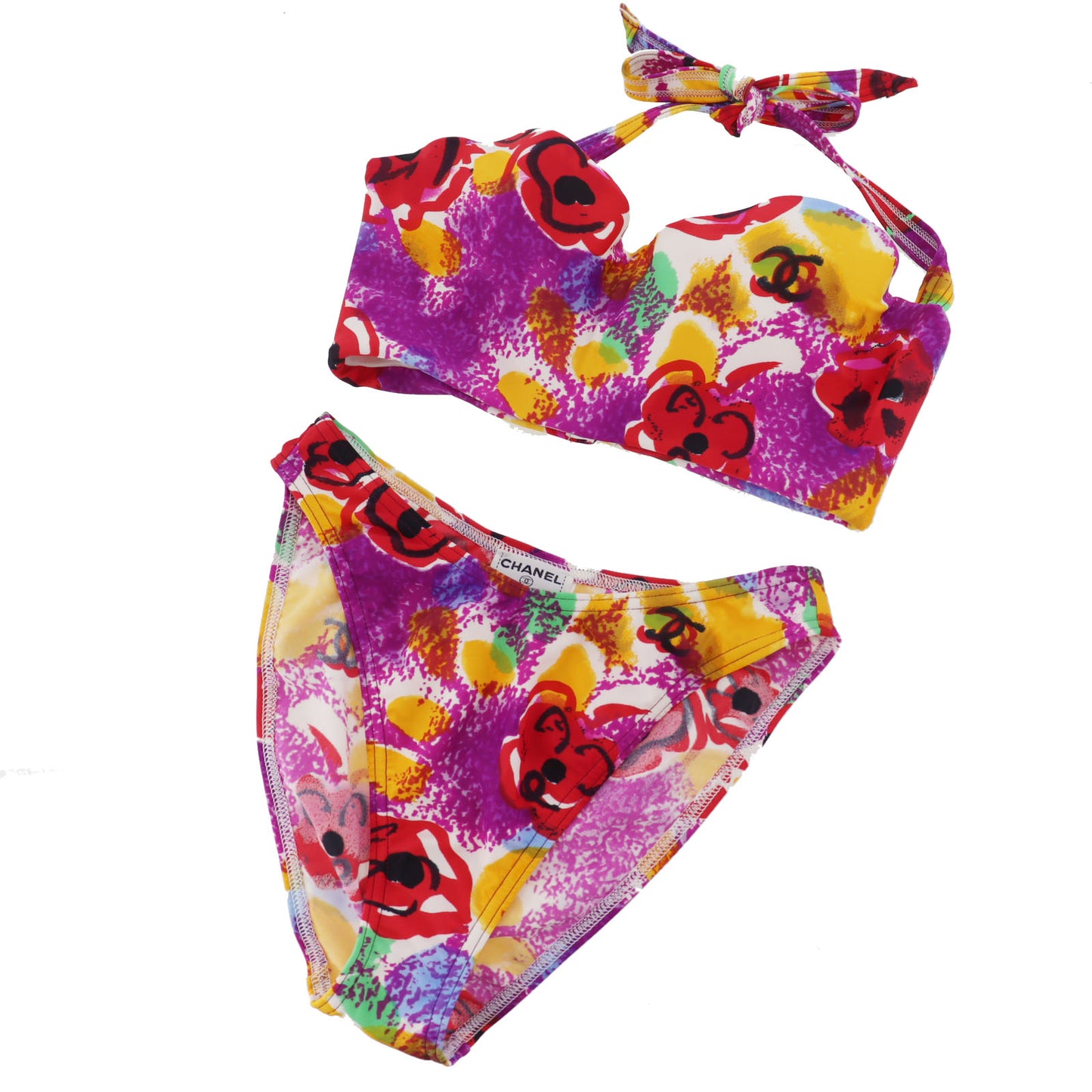 CHANEL Swimwear Flower Bikini Multicolor Nylon Spandex Size 38 #AG358