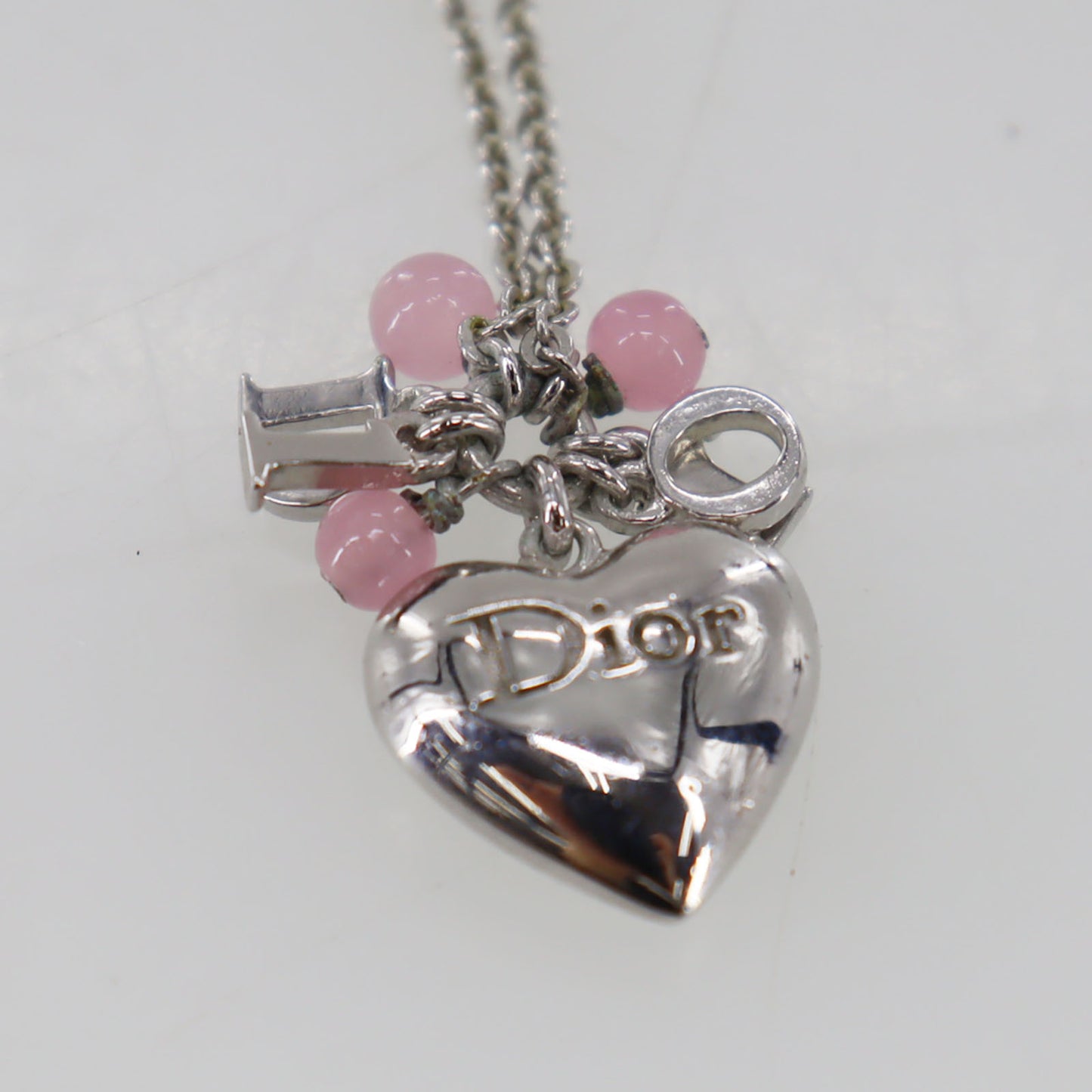 Christian Dior Logo Heart Beads Chain Necklace Silver #CW497