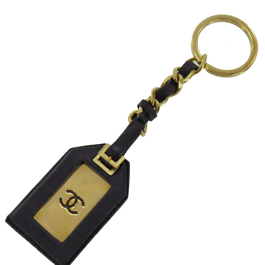 CHANEL CC Logos Keyring Gold Black Gold Plated Leather 94 P #AG320