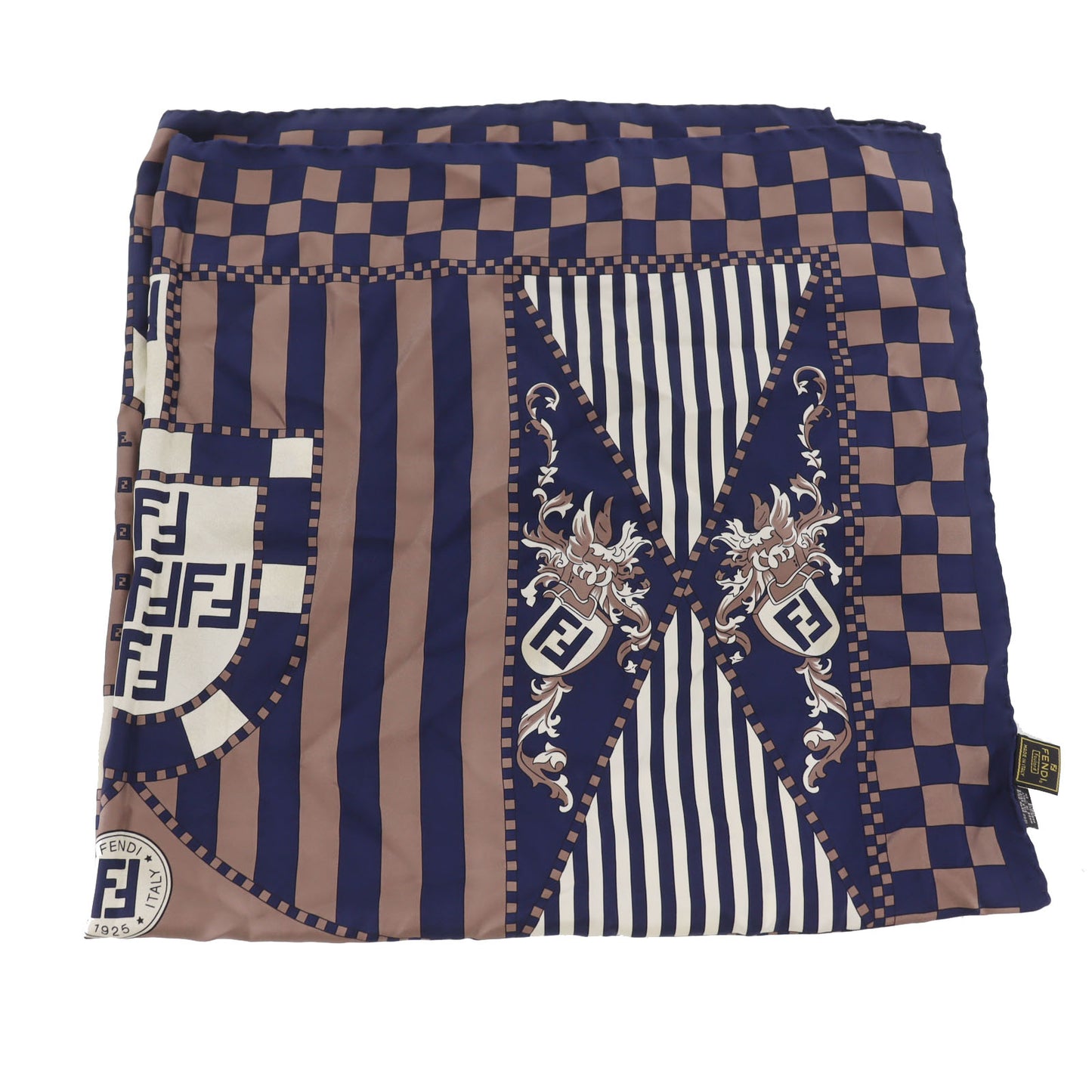 FENDI Used Zucca Scarf Navy Brown Silk Vintage #DA837