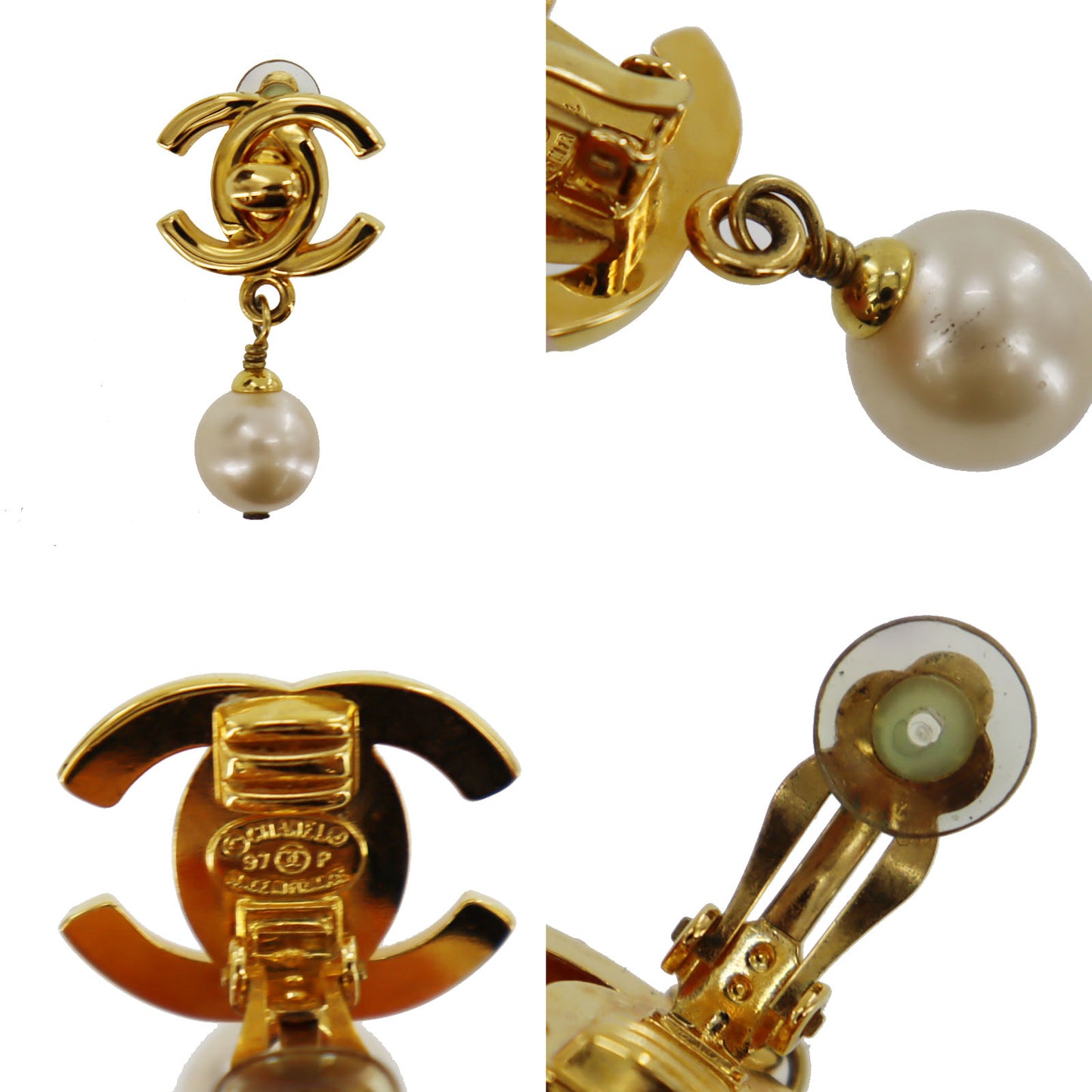 CHANEL CC Logos Pearl Earrings Clip-On 97P  #AG5