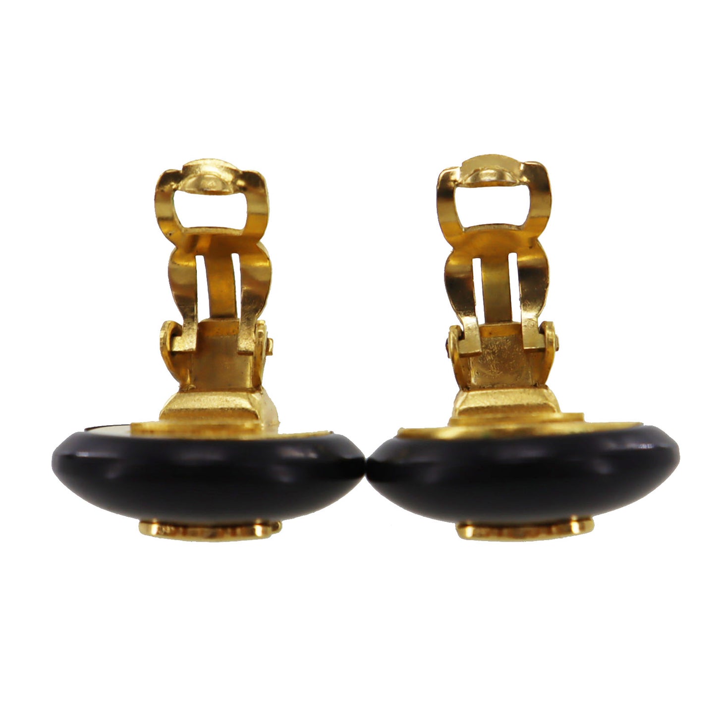 CHANEL Logos Earrings Gold Black Clip-On 95A  #BK864