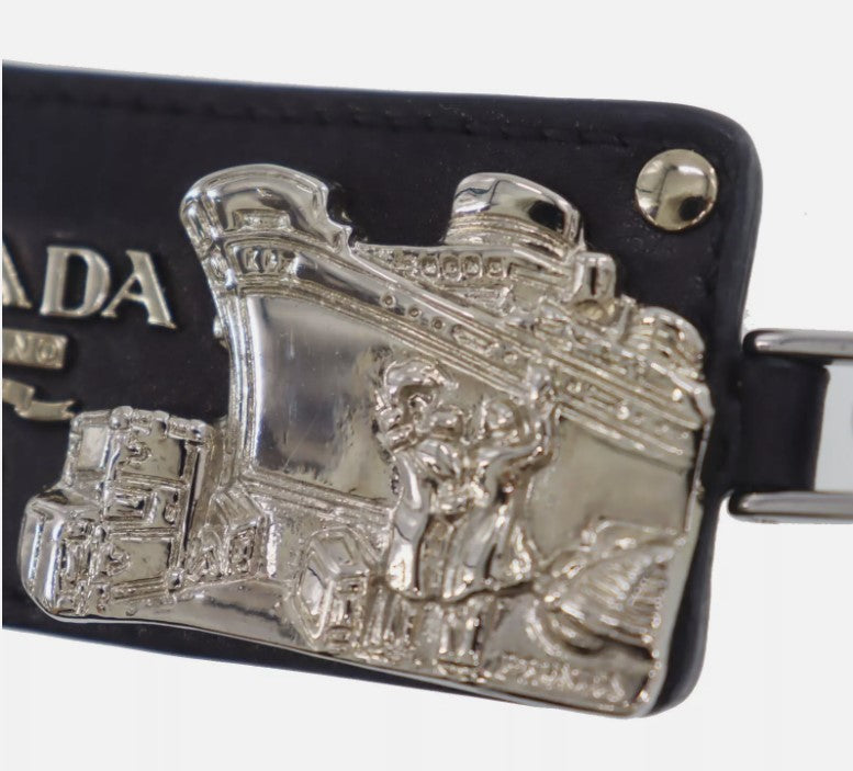 PRADA Logos Used Ship Motif Bag Charm Black Leather Vintage #EA483 S