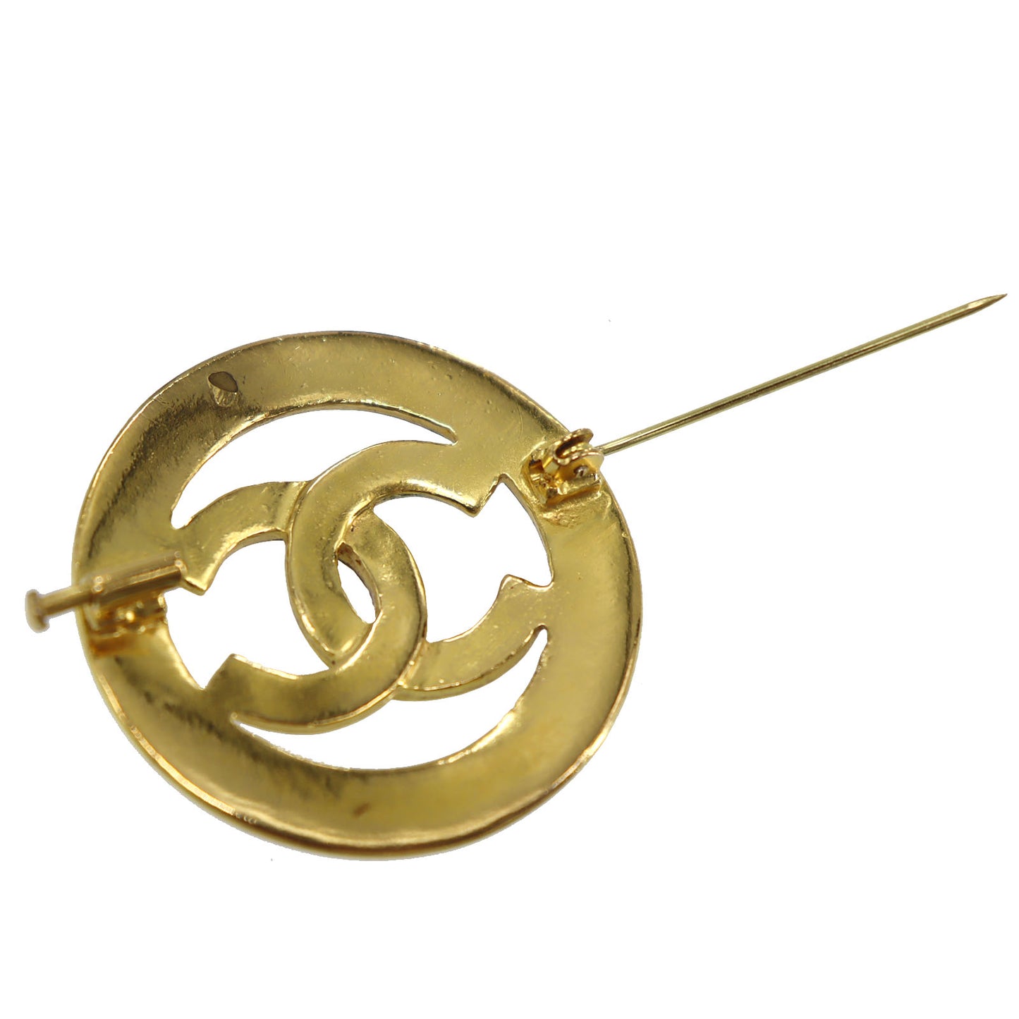CHANEL CC Logos Circle Pin Brooch Gold Plated Black #CG390