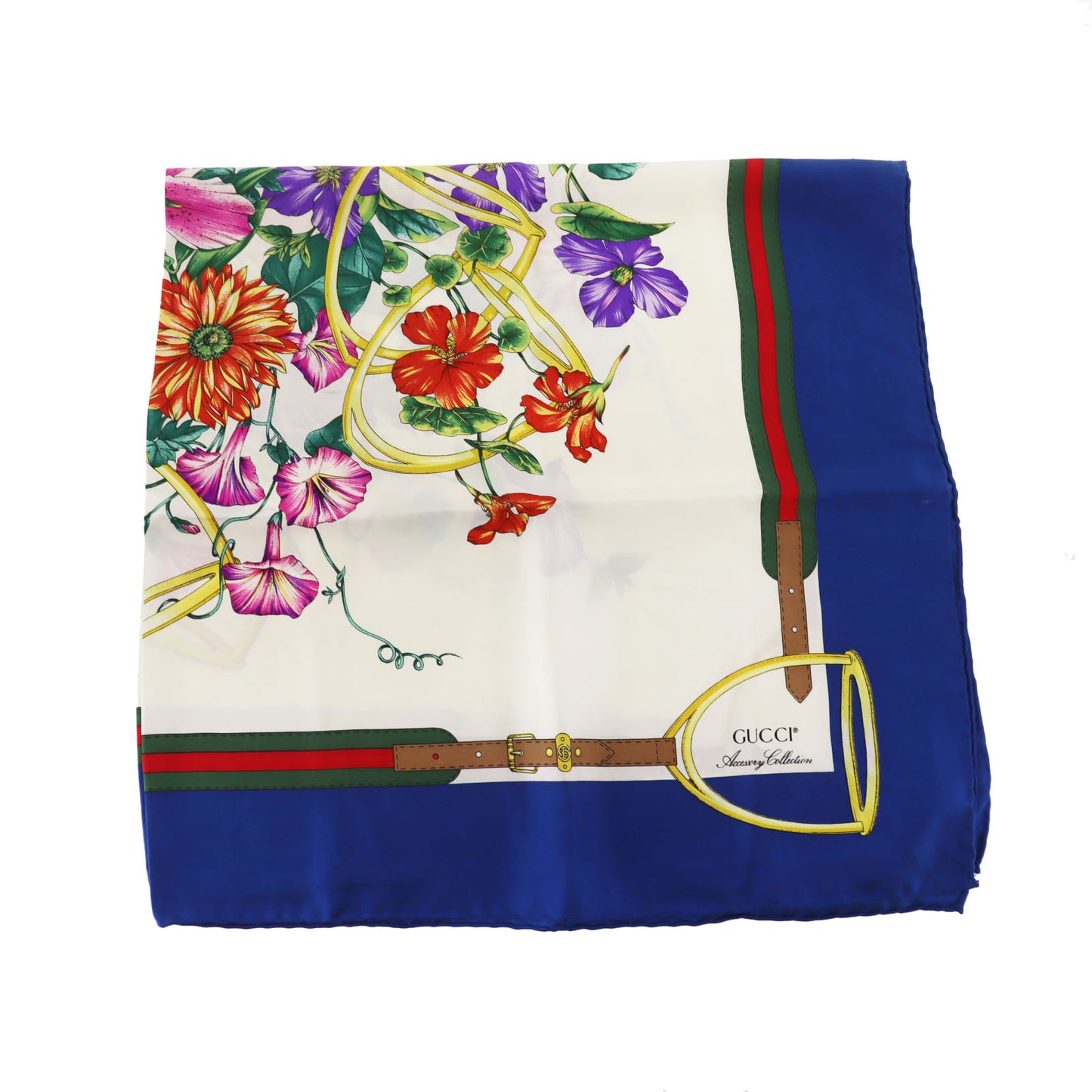 GUCCI Used Flower Motif Scarf Blue Silk Vintage #DA816