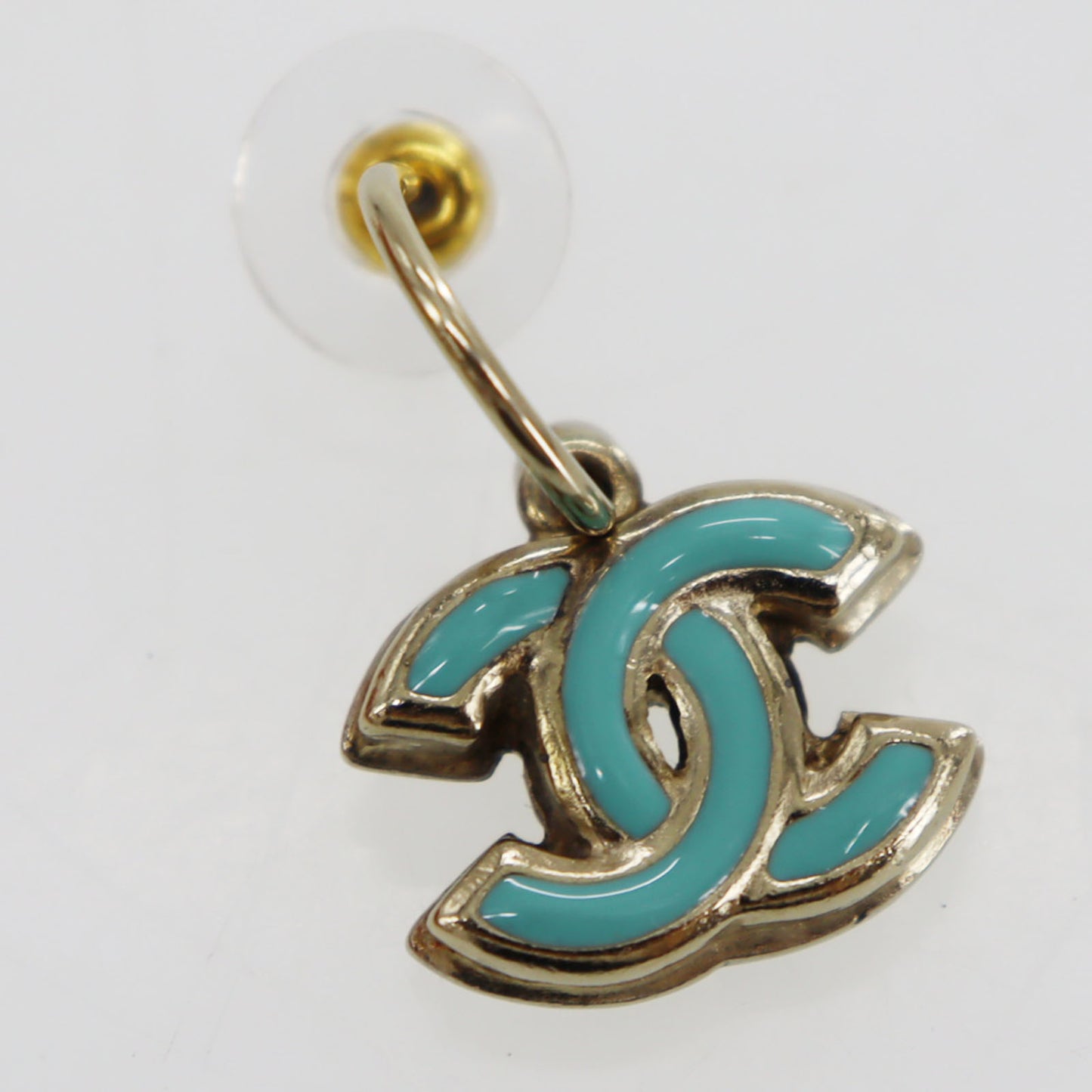 CHANEL CC Logos Piercing Earrings White Gold Light Blue 08P #CG53