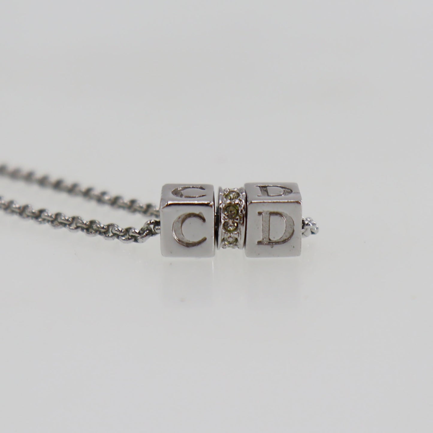 Christian Dior CD Logos Cube Rhinestone Necklace Silver #CB388