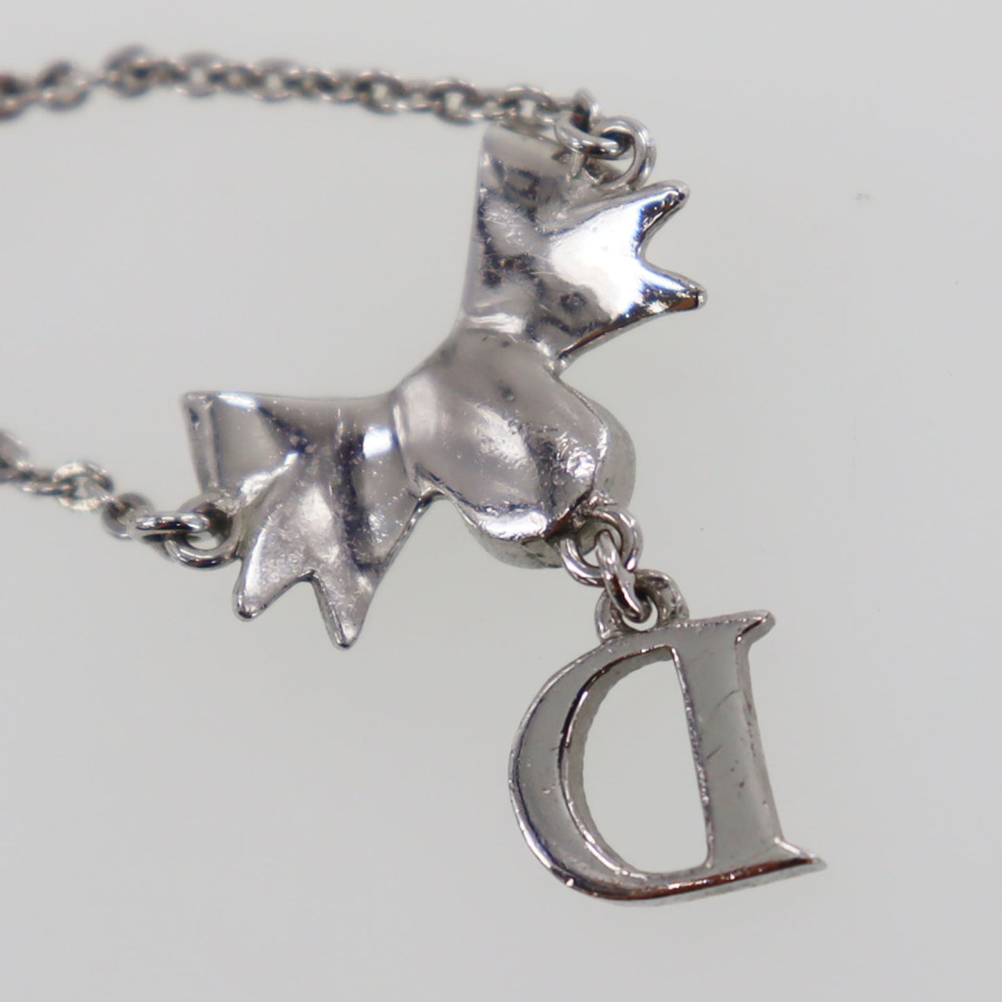 Christian Dior CD Logo Bow Necklace Silver Rhinestones #EC225