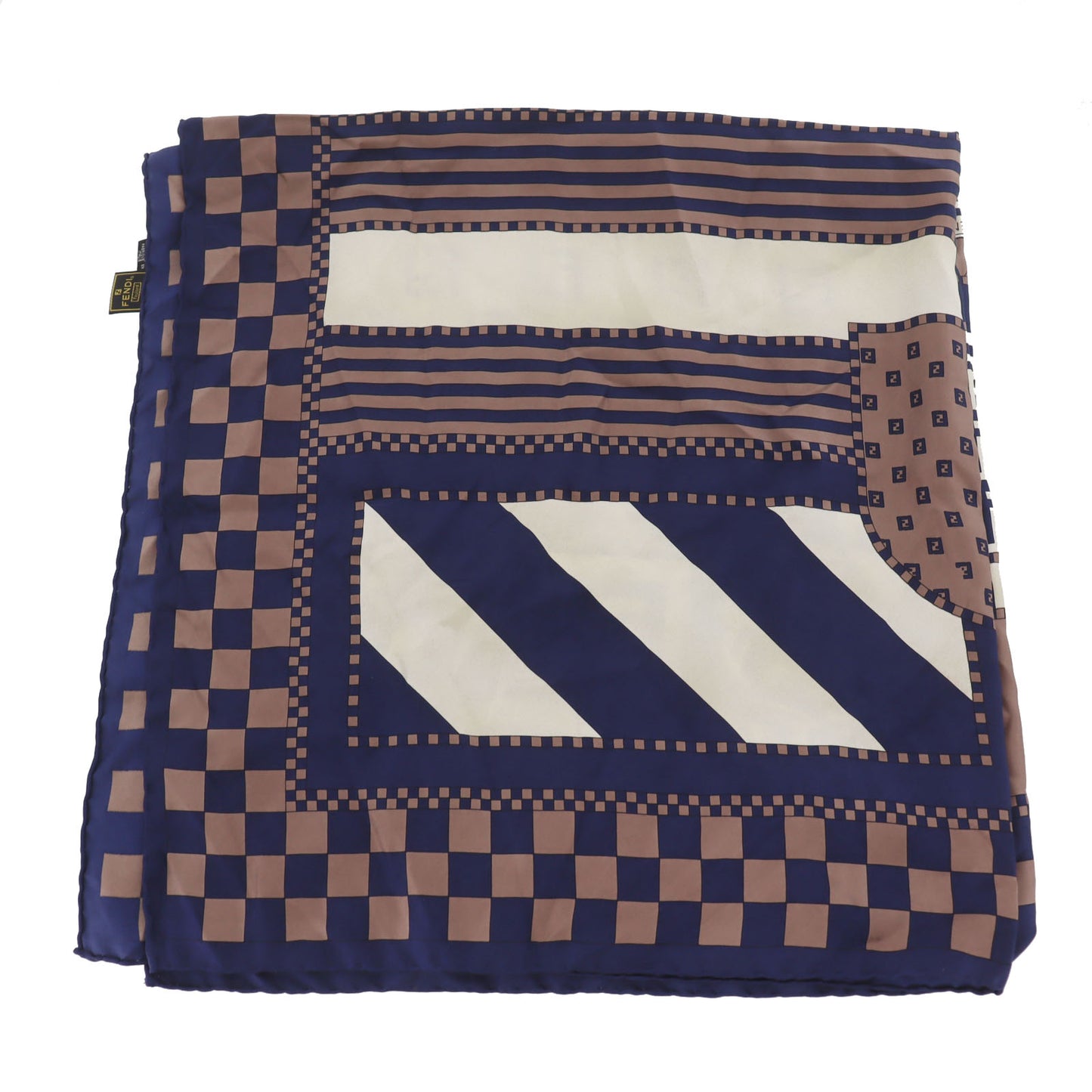 FENDI Used Zucca Scarf Navy Brown Silk Vintage #DA837