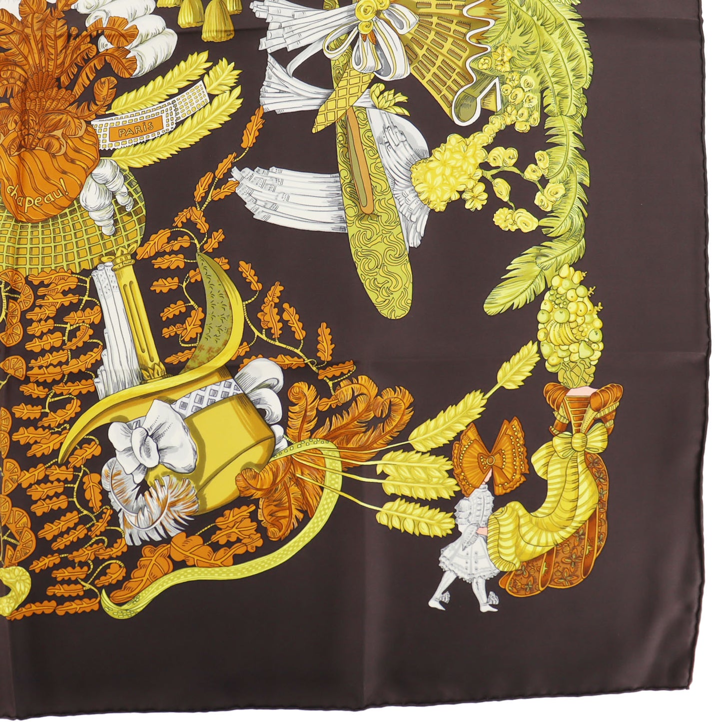 HERMES Logos Botanical Hat Design Large Silk Scarf Brown #AG543