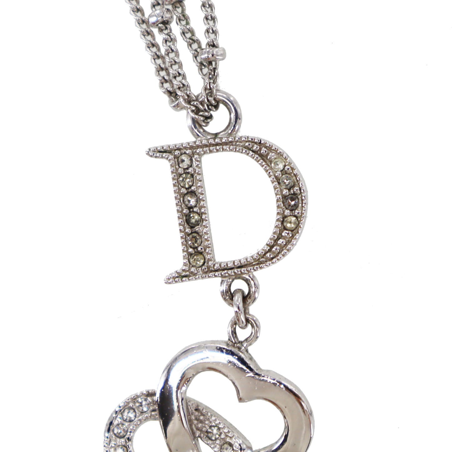 Christian Dior Logo Heart Rhinestone Chain Necklace Silver #CU411