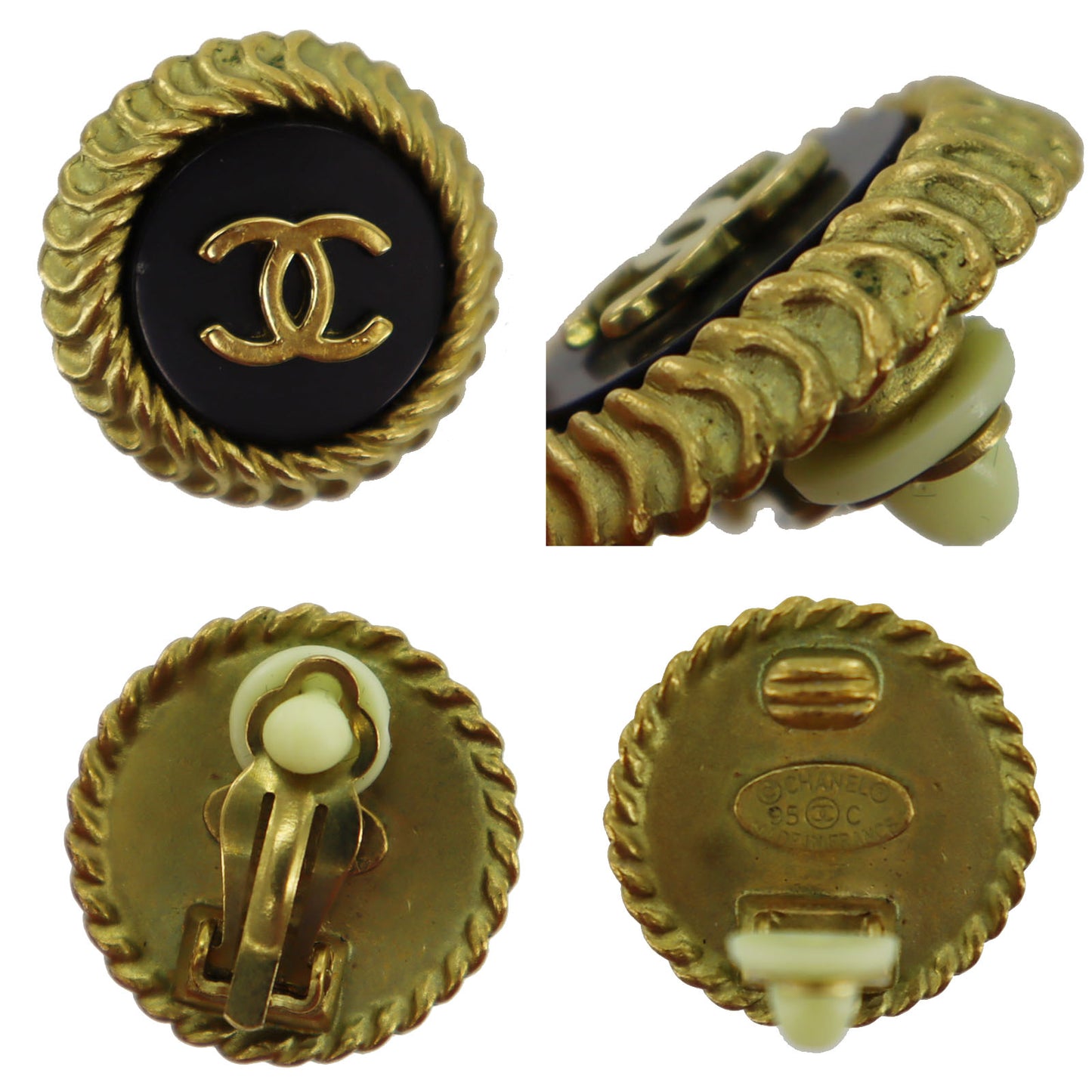 CHANEL CC Logos Circle Earrings Gold Black Clip-On 95C  #AH683