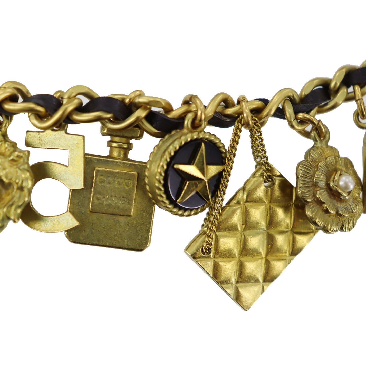 CHANEL Charm Chain Belt Gold Black 94 A #CO631