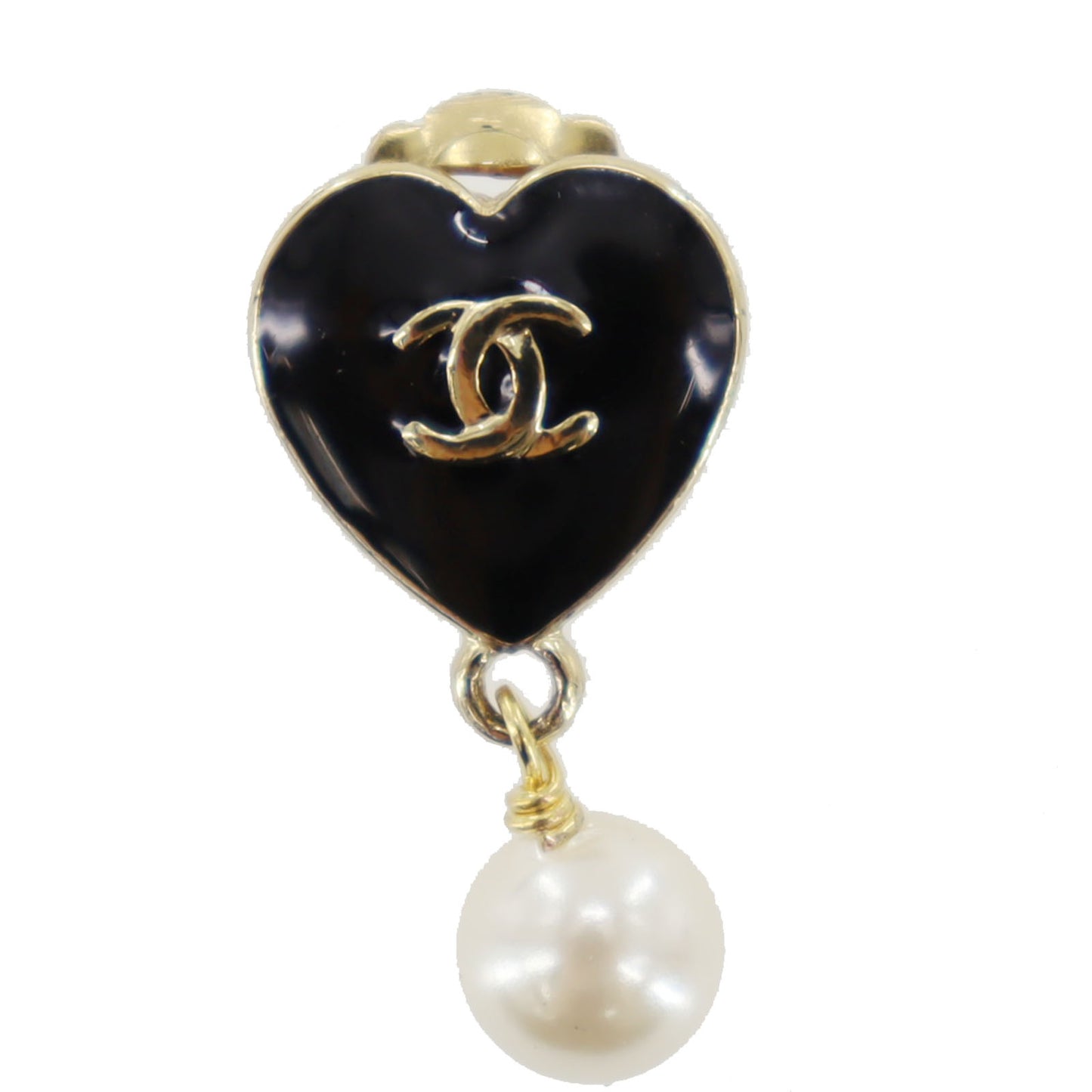 CHANEL CC Logos Pearl Earrings Black Gold Clip-On 04 A #CD541