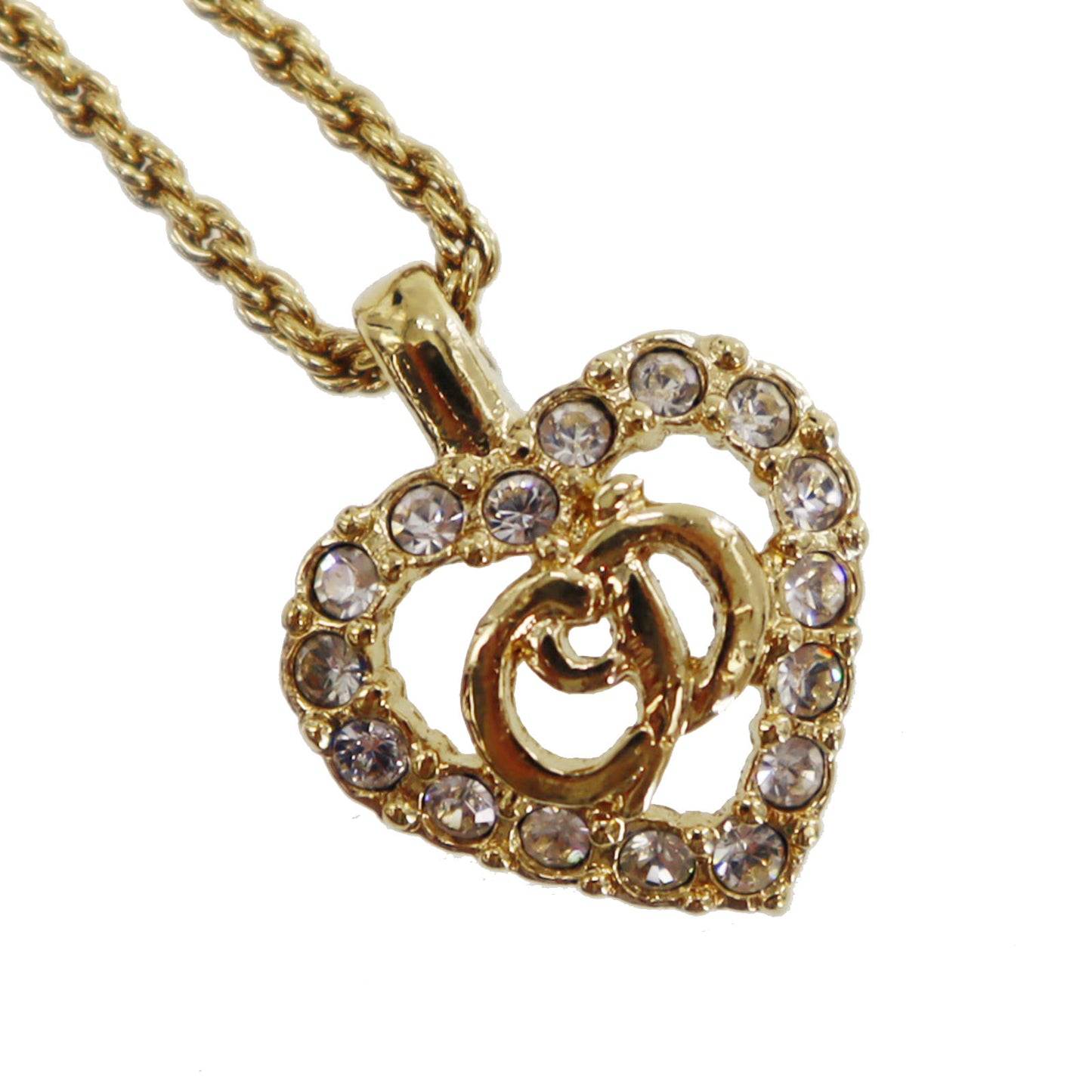Christian Dior CD Logo Chain Heart Necklace Rhinestone Gold-Plated #CD317