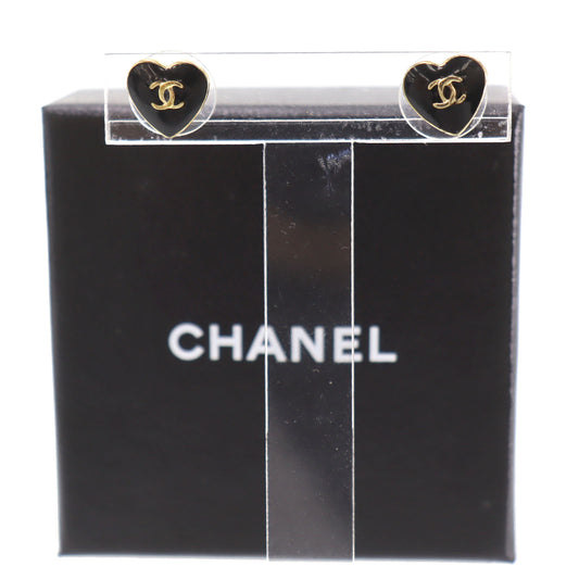 CHANEL CC Heart Logos Piercing Black White Gold 04 A #CK940