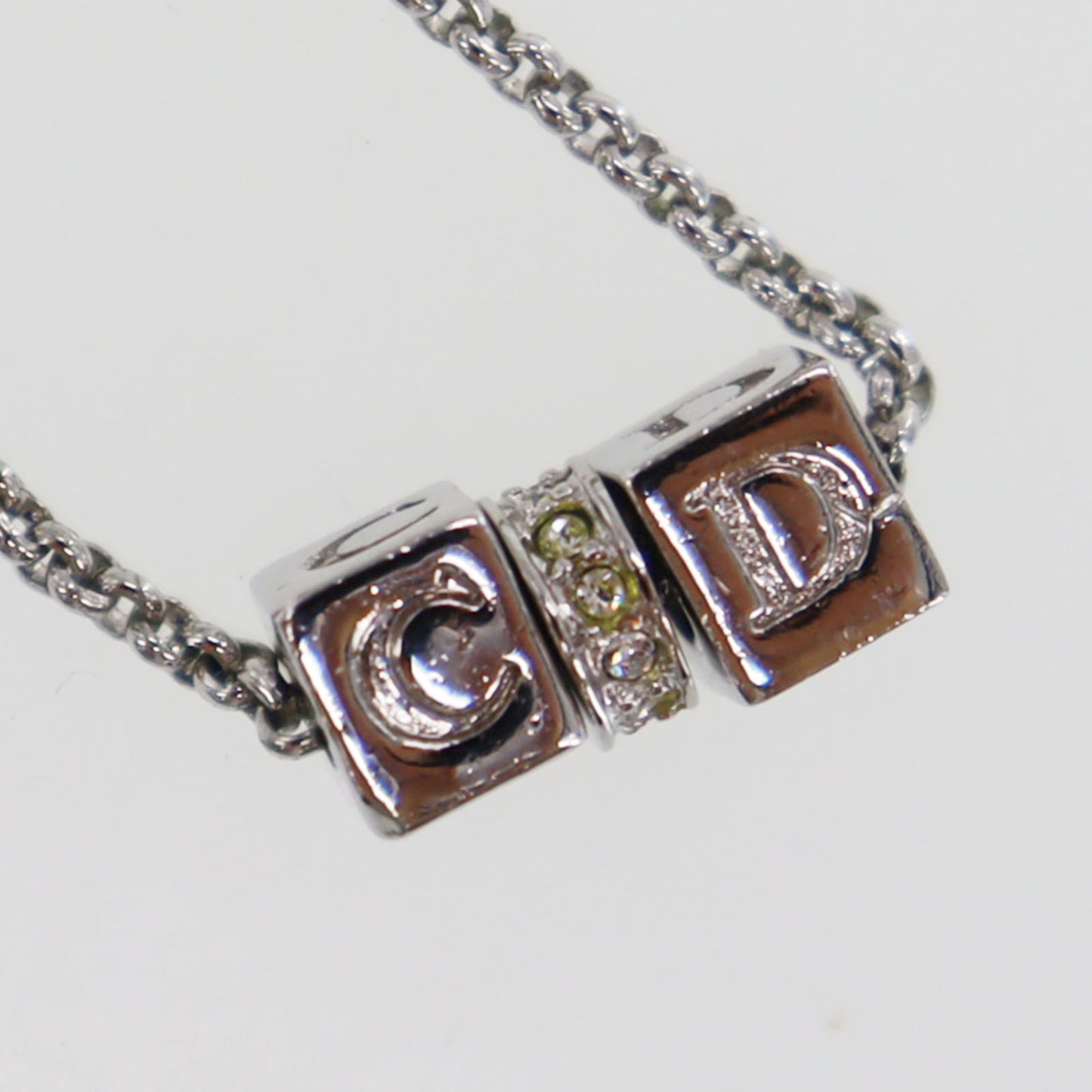 Christian Dior CD Logos Cube Rhinestone Necklace Silver #CB388