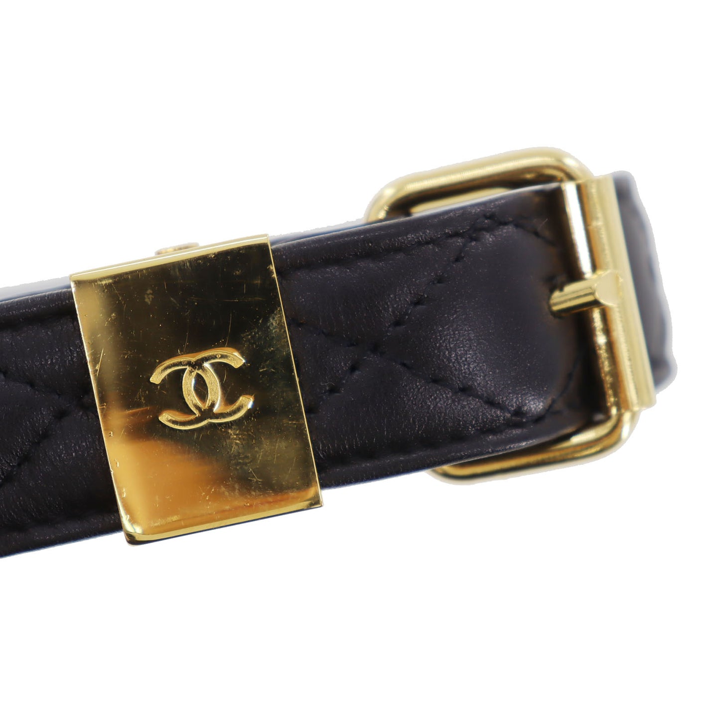 CHANEL Used Black Quilted CC Logo Dog Collar & Leash Set 99 C Vintage #CX601