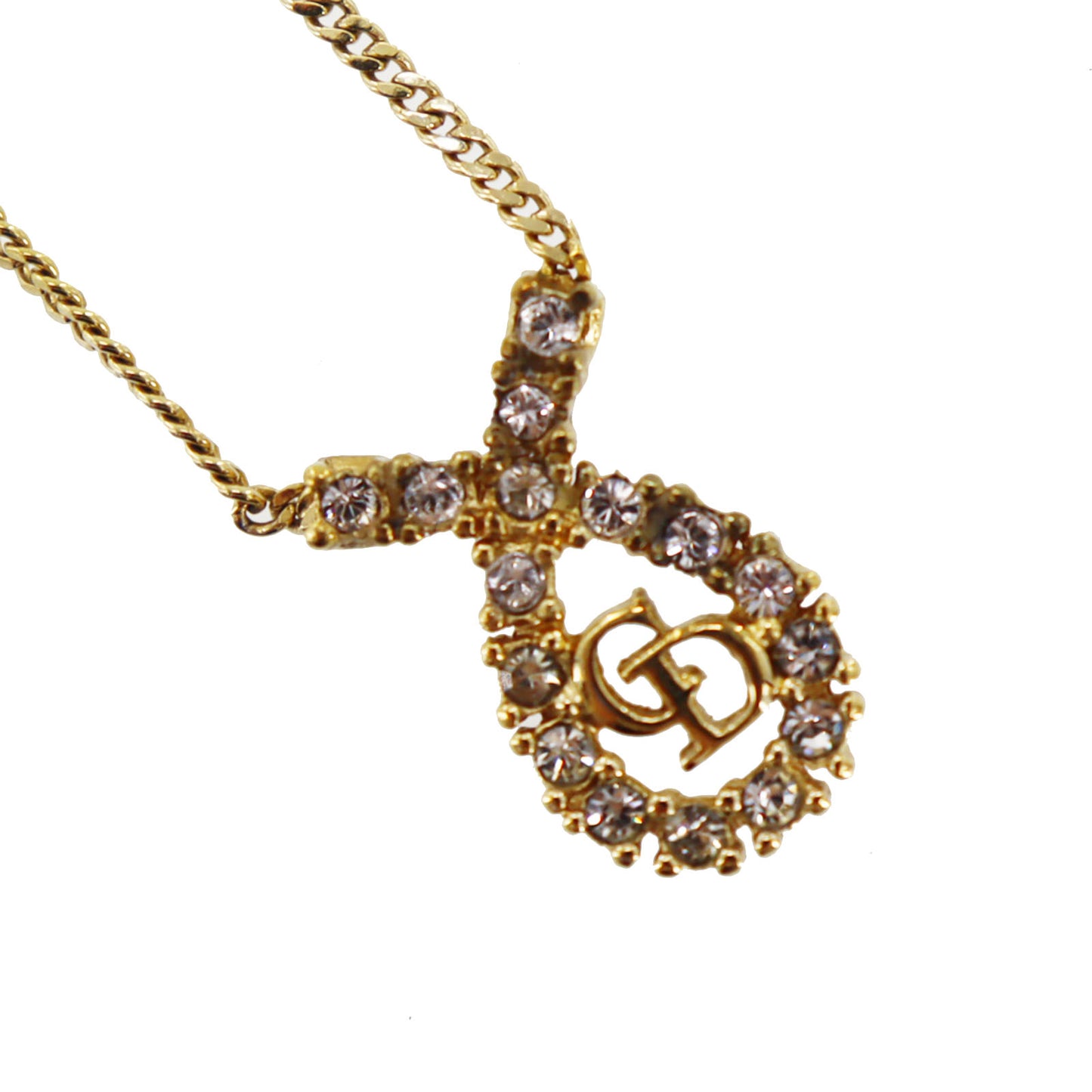 Christian Dior CD Logo Chain Necklace Rhinestone Gold-Plated #CB531