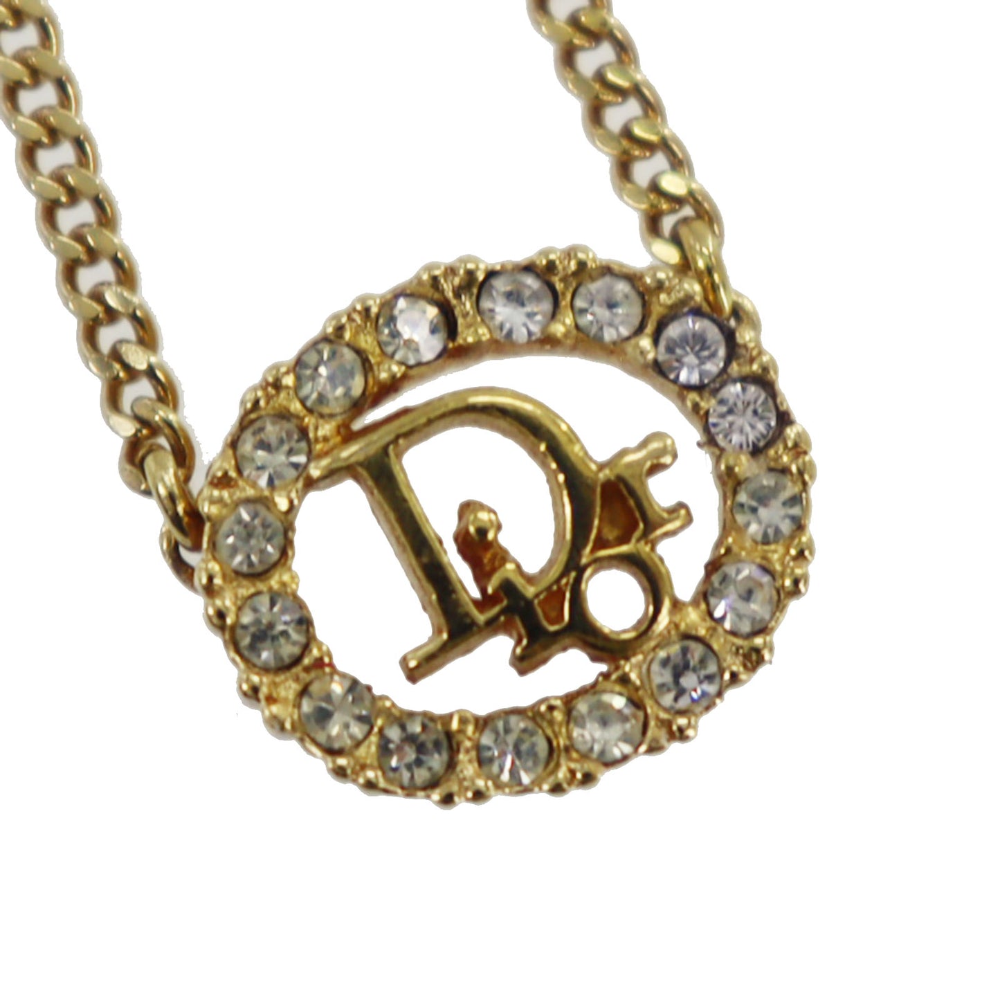 Christian Dior CD Logo Rhinestone Used Chain Necklace Gold Vintage #EB747