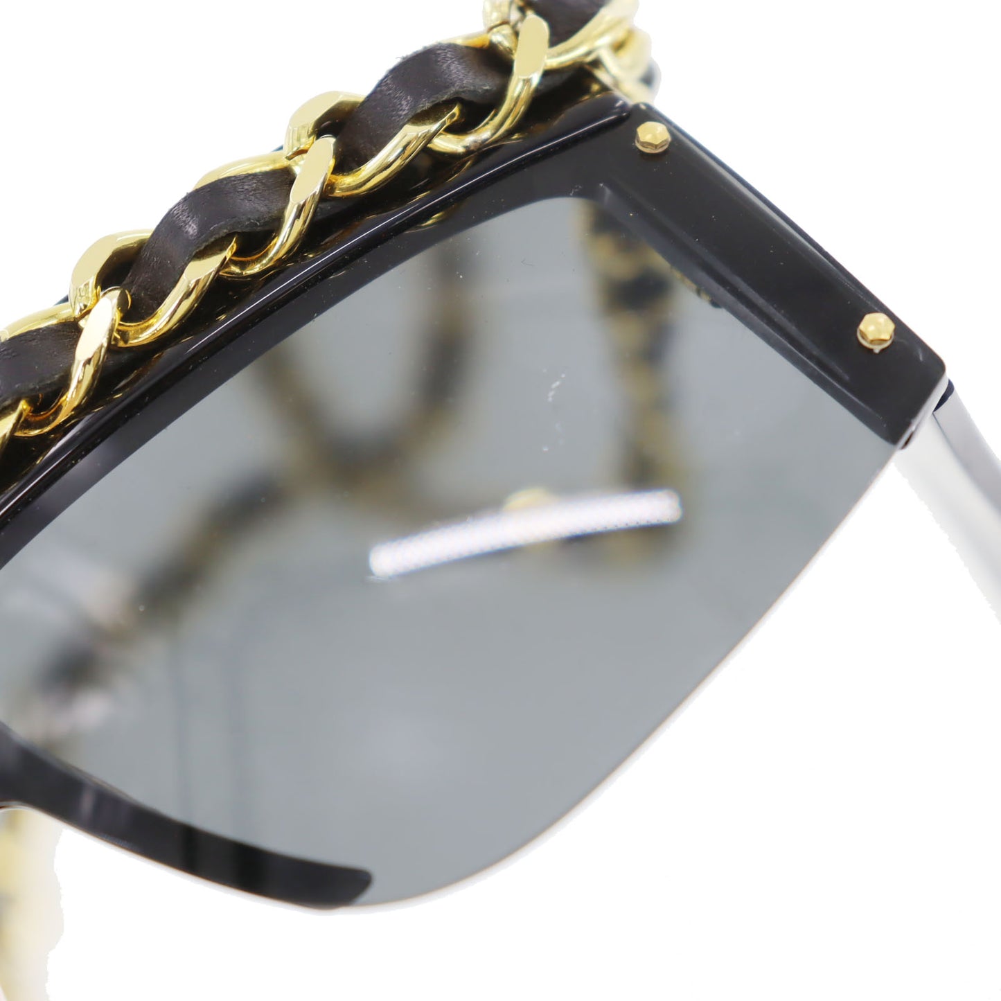 CHANEL Chain Used Sunglasses Black Shield Eye Wear Italy #CU905