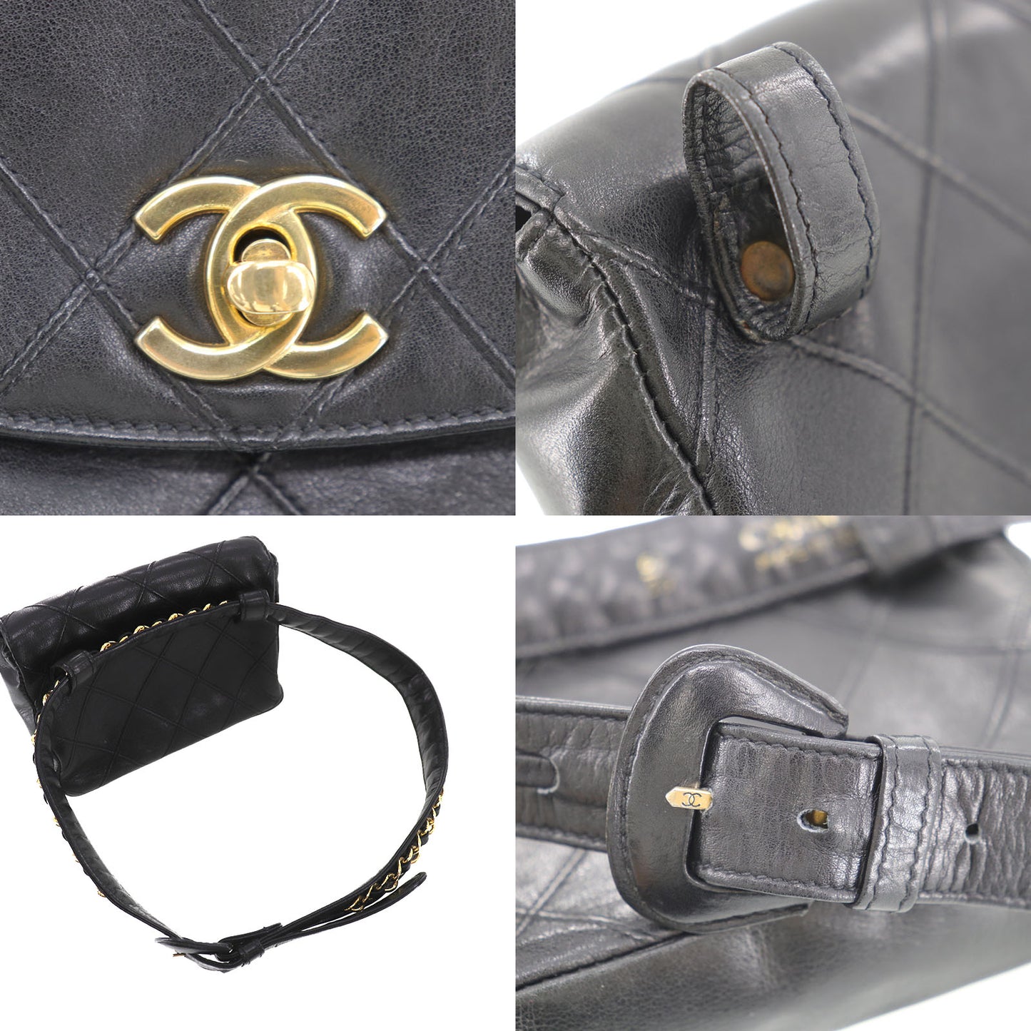 CHANEL Bum Bag Matelasse Lambskin Leather Belt Bag Black #EC582