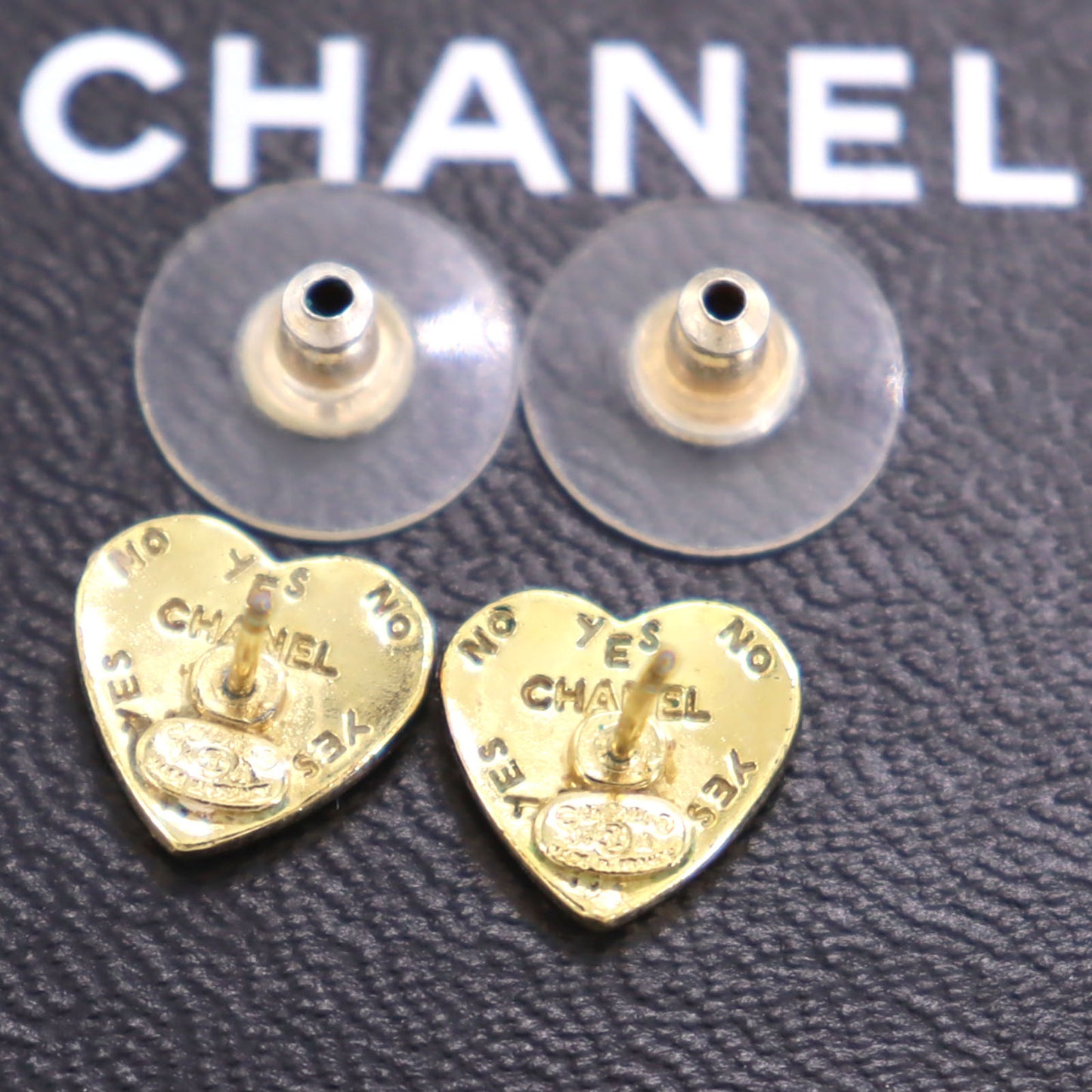 CHANEL CC Heart Logos Piercing Black White Gold 04 A #CK940