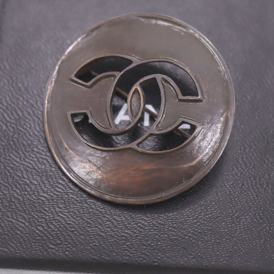CHANEL CC Logos Circle Pin Brooch Dark Brown 98A #CD873