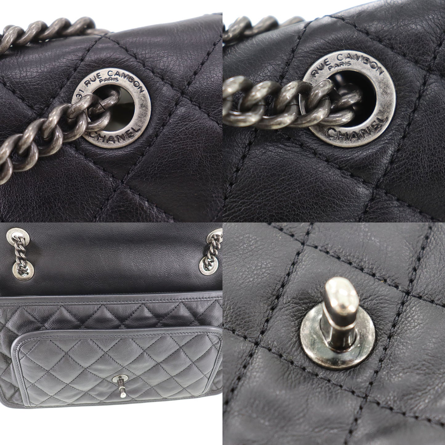 CHANEL Matelasse Frap French Riviera Used Shoulder Bag Black Leather #CY690