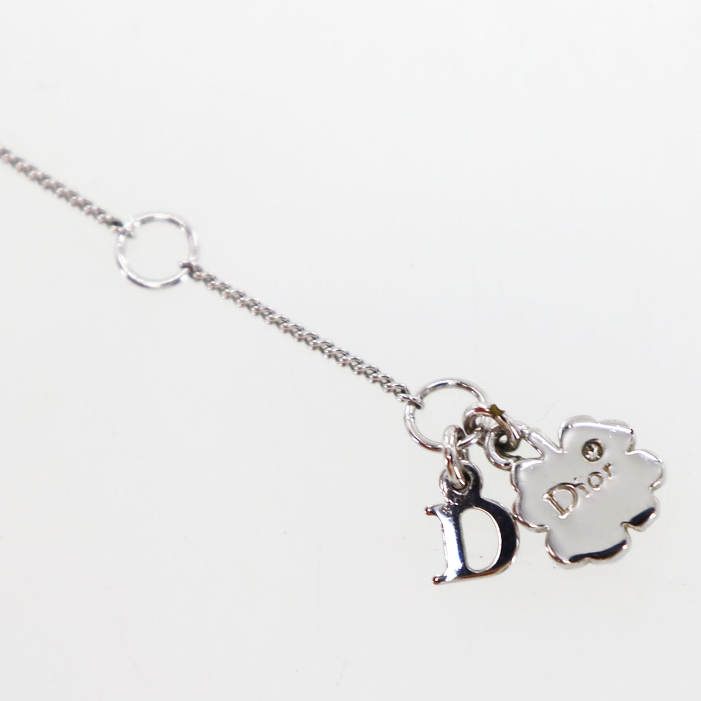 Christian Dior Logo Heart Rhinestone Chain Necklace Silver #CU411