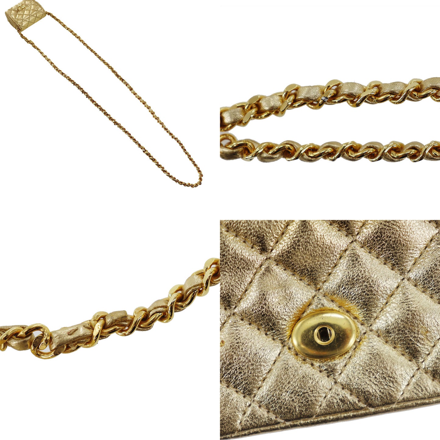 CHANEL Mini Matelasse Used Shoulder Bag Gold Lambskin Leather #CU68