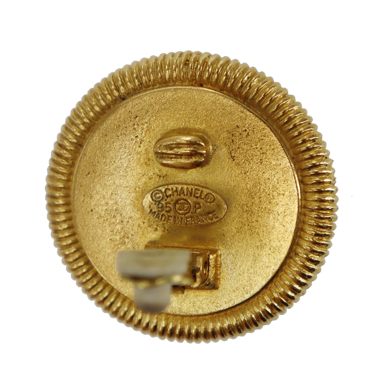 CHANEL CC Logos Circle Earrings Gold White Clip-On 95 P #CJ419