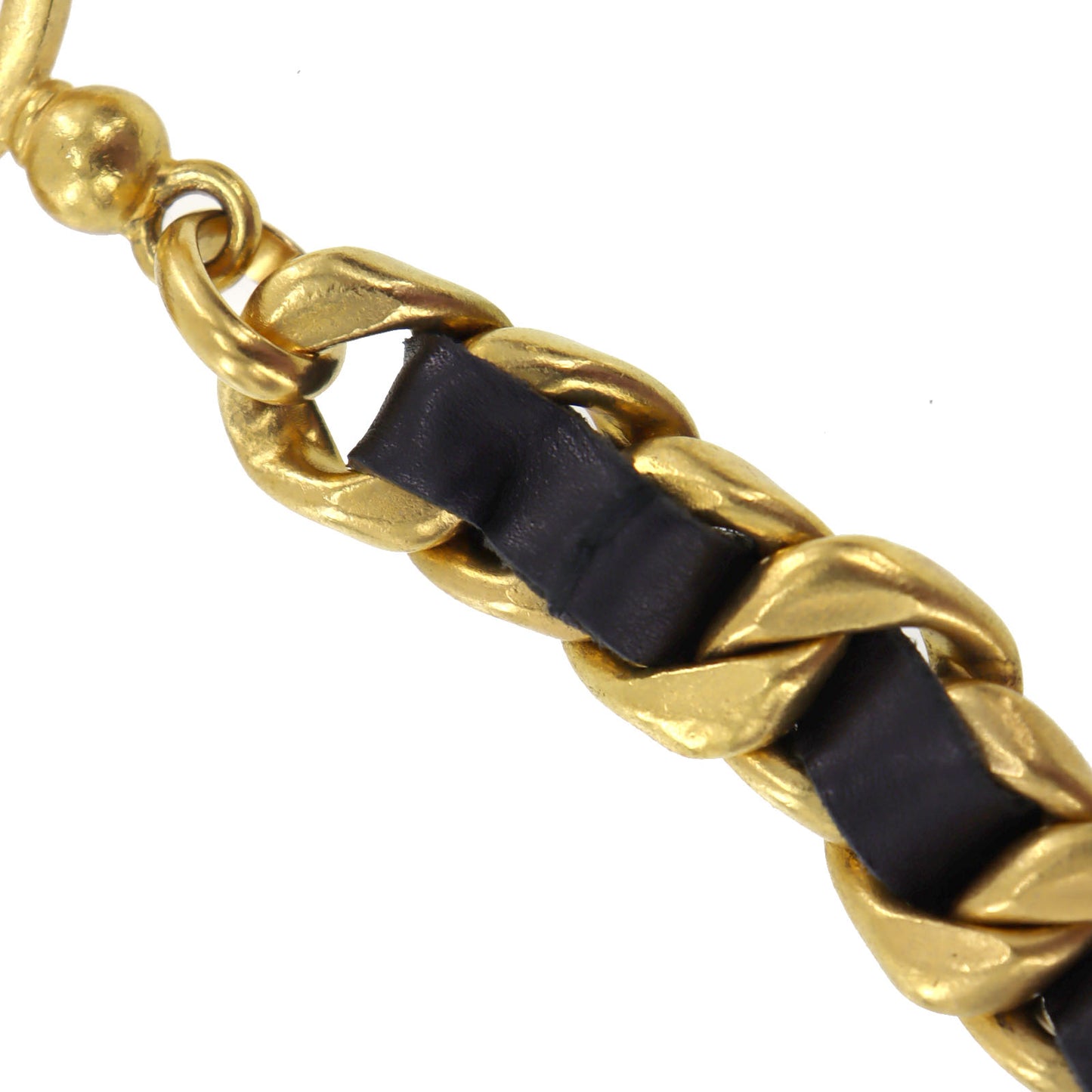 CHANEL Logos Chain Waist Belt Black Gold Leather #AG321