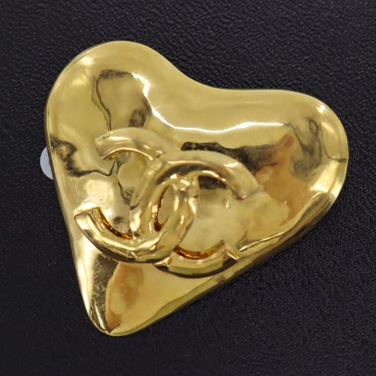 CHANEL CC Logos Heart Pin Brooch Gold Plated 93P #AH145