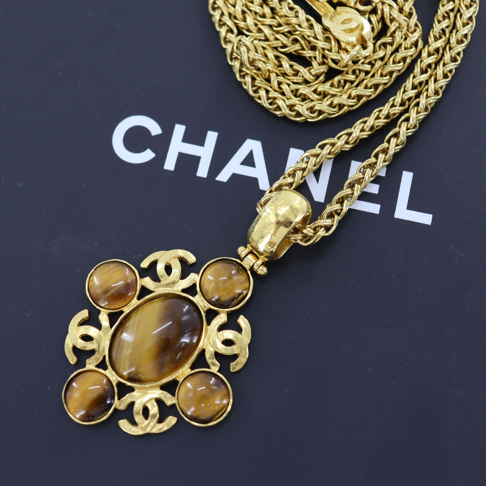 CHANEL Logo Used Necklace Gold Plated Chain Stone 95 A France