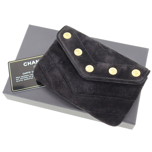 CHANEL Used Pouch Suede Black Gold Italy Vintage #AG968