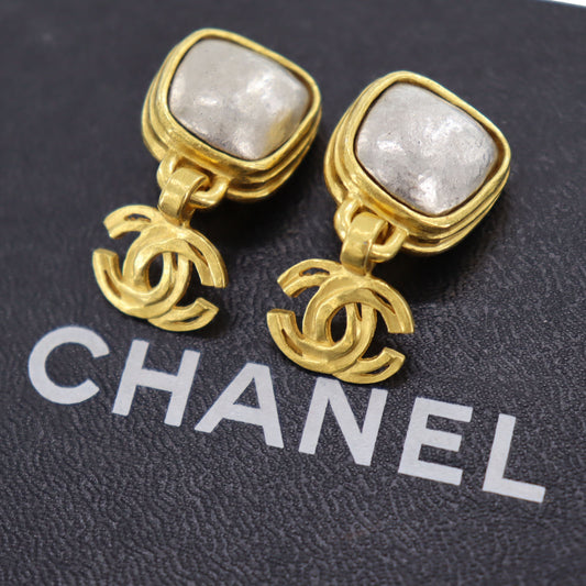 CHANEL Logos Earrings Gold Silver Clip-On 97A #AG645
