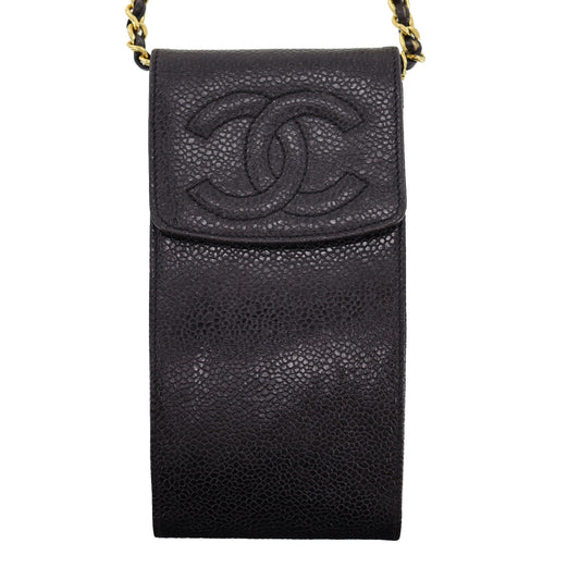 CHANEL Used Shoulder Pouch Bag Caviar Skin Leather Italy Vintage #AH602
