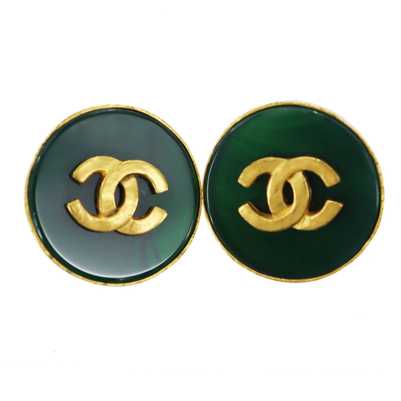 CHANEL Logos Used Earrings Gold Green Clip-On 95A France Vintage #AG178