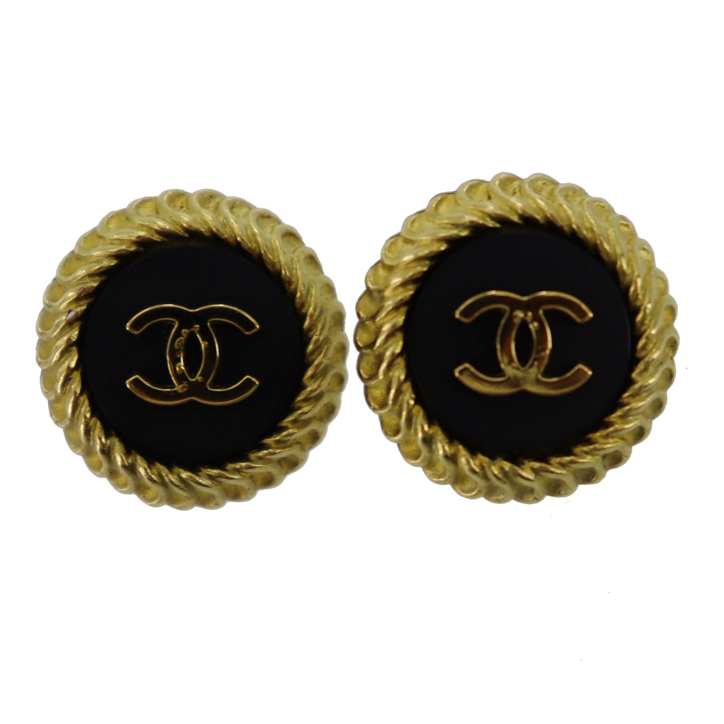 CHANEL CC Logos Circle Earrings Gold Black Clip-On 95P #BN76