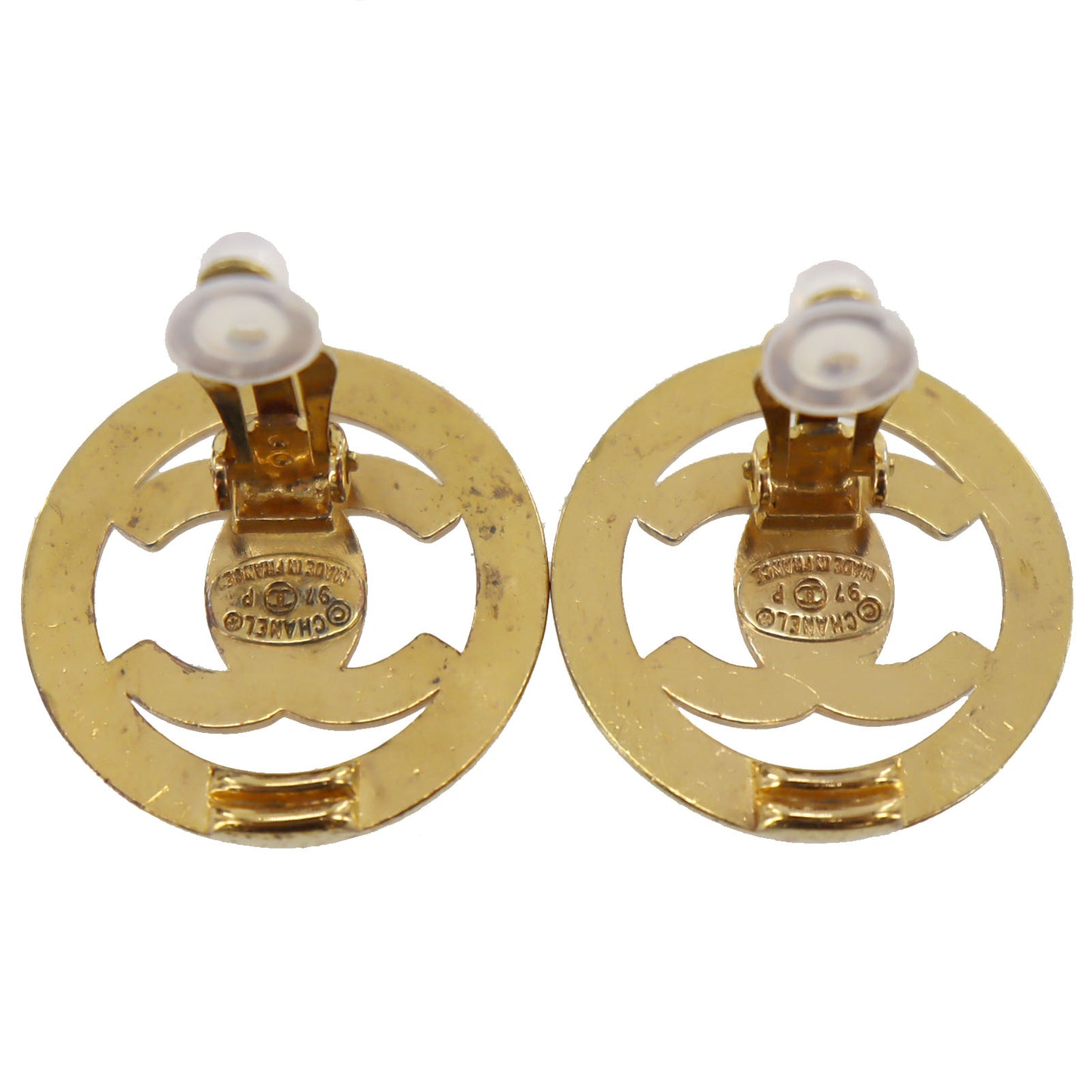 CHANEL CC Logos Used Earrings Gold Clip-On 97P France Vintage #AG858